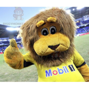 Keltaisen leijonan BIGGYMONKEY™ maskottiasu ruskealla harjalla