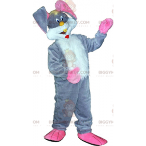 Disfraz de mascota de conejito gris y grandes orejas rosas
