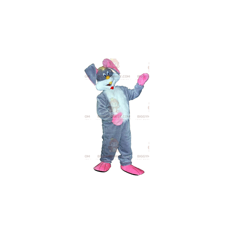 Fantasia de mascote de coelho cinza e grandes orelhas rosa
