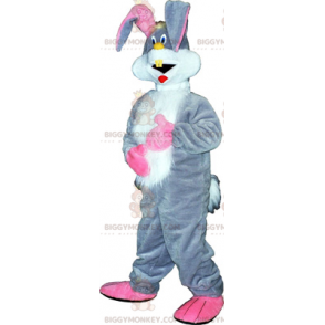 Fantasia de mascote de coelho cinza e grandes orelhas rosa