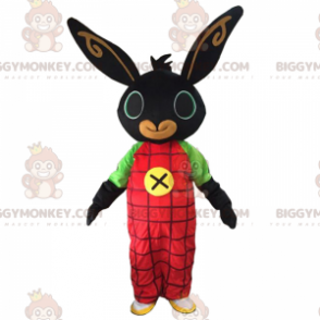 BIGGYMONKEY™ Schwarzes Kaninchen im Overall-Maskottchen-Kostüm