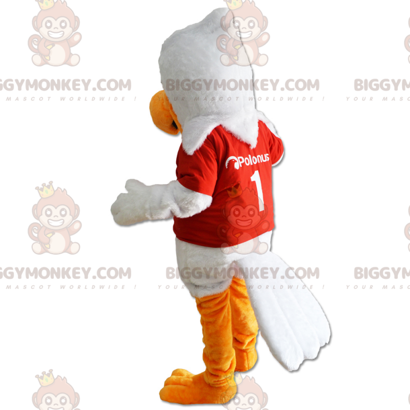 Costume de mascotte BIGGYMONKEY™ oiseau blanc et maillot rouge Costume de mascotte BIGGYMONKEY™ oiseau blanc et maillot rouge