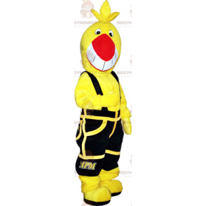 Disfraz de mascota de pájaro amarillo BIGGYMONKEY™ con overol negro - Mascota del pájaro - BIGGYMONKEY_017522 - BiggyMonkey.com