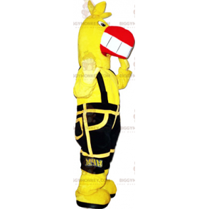 Disfraz de mascota de pájaro amarillo BIGGYMONKEY™ con overol negro - Mascota del pájaro - BIGGYMONKEY_017522 - BiggyMonkey.com