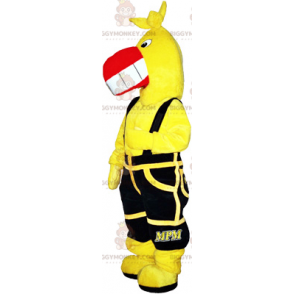 Disfraz de mascota de pájaro amarillo BIGGYMONKEY™ con overol negro - Mascota del pájaro - BIGGYMONKEY_017522 - BiggyMonkey.com
