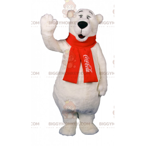 BIGGYMONKEY™ Polar Bear Mascot Costume with Coca-Cola Red Scarf