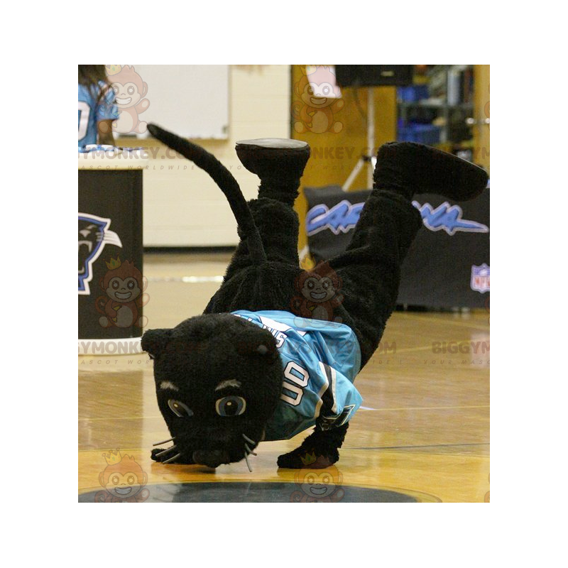 Black Panther BIGGYMONKEY™ Mascot Costume with Blue Shirt – Black Panther BIGGYMONKEY™ Mascot Costume with Blue Shirt –