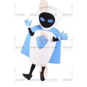 Traje de mascote de robô branco BIGGYMONKEY™ com capa azul –