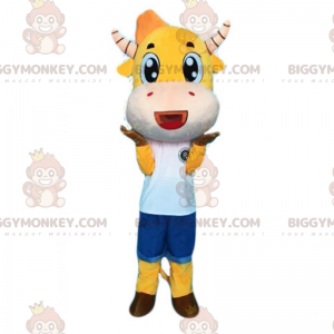 BIGGYMONKEY™ maskotdräkt för gul kohud och randiga horn -