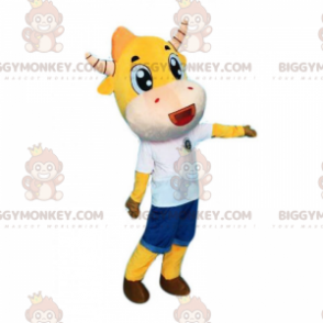 Στολή μασκότ BIGGYMONKEY™ από κίτρινο δέρμα αγελάδας και ριγέ