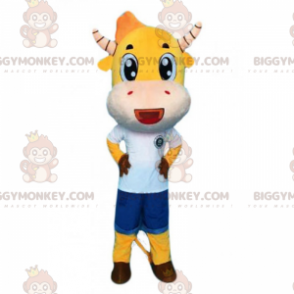 Στολή μασκότ BIGGYMONKEY™ από κίτρινο δέρμα αγελάδας και ριγέ