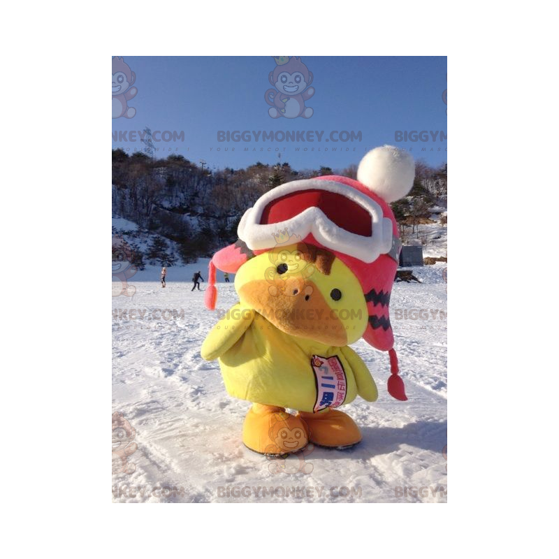 Stor gul orange chick BIGGYMONKEY™ maskotdräkt med vinterhatt - Stor gul orange chick BIGGYMONKEY™ maskotdräkt med vinterhatt -