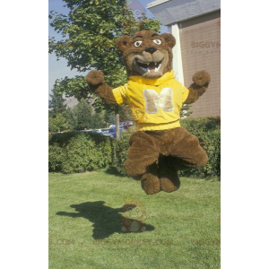 Traje de mascote de urso pardo BIGGYMONKEY™ com suéter amarelo