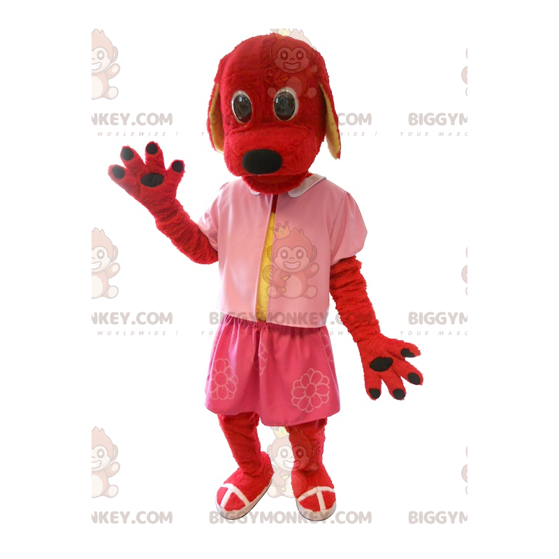 Punaisen koiran BIGGYMONKEY™ maskottiasu, joka on pukeutunut Punaisen koiran BIGGYMONKEY™ maskottiasu, joka on pukeutunut