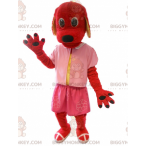 Röd hund BIGGYMONKEY™ maskotdräkt klädd i rosa - BiggyMonkey
