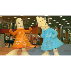 2 maskoti dívky a chlapce BIGGYMONKEY™ v oranžových a modrých