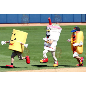 3 BIGGYMONKEY™s mascot a sandwich a drink and a yellow cylinder