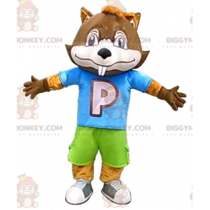BIGGYMONKEY™ Big Brown Beaver Mascot Kostume i farverigt outfit