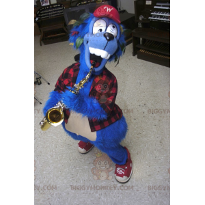 Crazy Blue Dog BIGGYMONKEY™ Mascot Costume With Plaid Shirt -