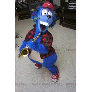 Crazy Blue Dog BIGGYMONKEY™ mascottekostuum met geruit overhemd