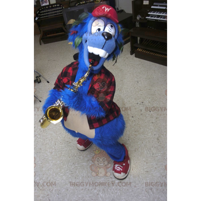 Crazy Blue Dog BIGGYMONKEY™ Mascot Costume With Plaid Shirt –