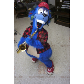 Crazy Blue Dog BIGGYMONKEY™ Mascot Costume With Plaid Shirt –