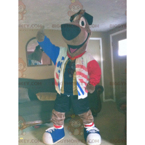 Kostým maskota velkého hnědého psa BIGGYMONKEY™ s červenobílou