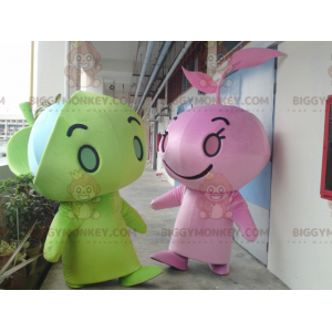 2 mascotes BIGGYMONKEY™s homens gigantes verdes e rosa –