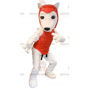 BIGGYMONKEY™ Mascottekostuum Witte hond in Taekwondo-outfit -