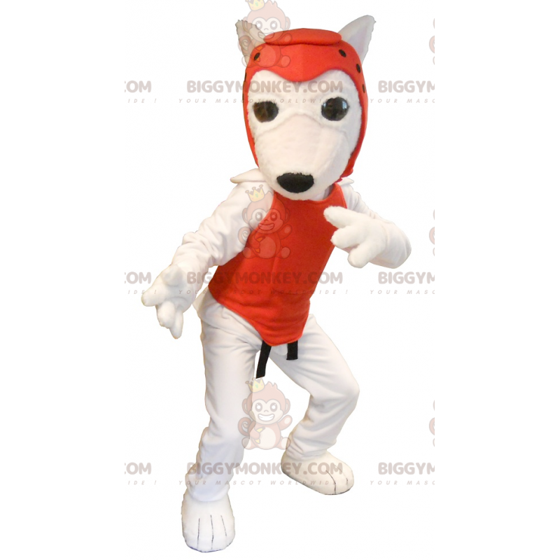 BIGGYMONKEY™ Maskottchen-Kostüm Weißer Hund im Taekwondo-Outfit
