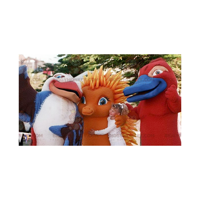 3 BIGGYMONKEY's mascotte een vogel, een oranje egel en een 3 BIGGYMONKEY's mascotte een vogel, een oranje egel en een