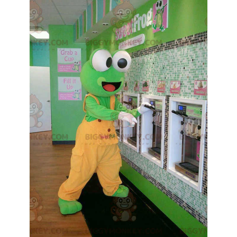 BIGGYMONKEY™ Mascot Costume of Green Frog in Orange Overalls – BIGGYMONKEY™ Mascot Costume of Green Frog in Orange Overalls –