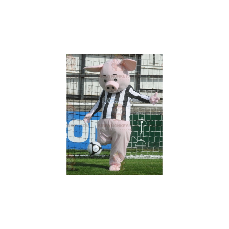 BIGGYMONKEY™ roze varken mascottekostuum met zwart-witte jersey BIGGYMONKEY™ roze varken mascottekostuum met zwart-witte jersey
