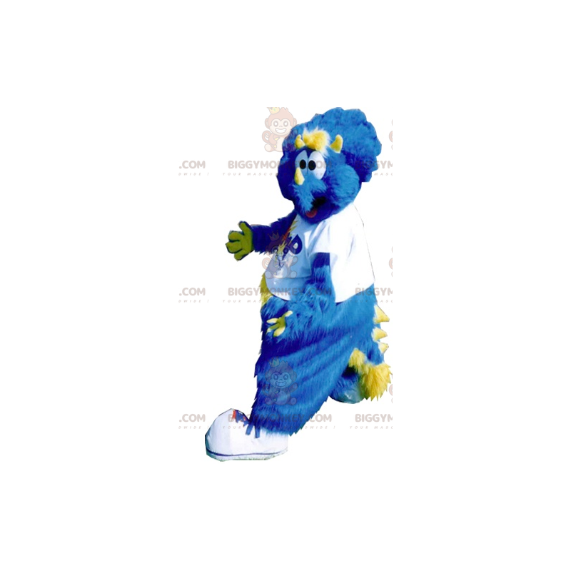 Traje de mascote de dinossauro azul e amarelo BIGGYMONKEY™ todo Traje de mascote de dinossauro azul e amarelo BIGGYMONKEY™ todo