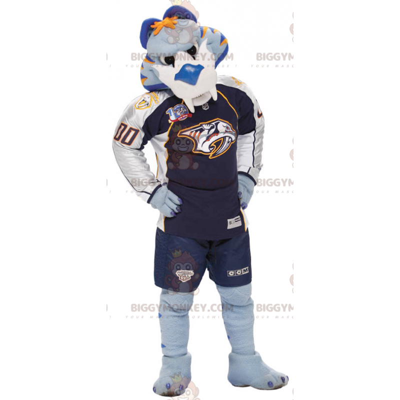 BIGGYMONKEY™ Mascot Costume Blue White Orange Tiger Sportswear BIGGYMONKEY™ Mascot Costume Blue White Orange Tiger Sportswear