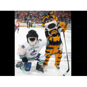 2 mascot BIGGYMONKEY™s a yellow and blue tiger and an orca a