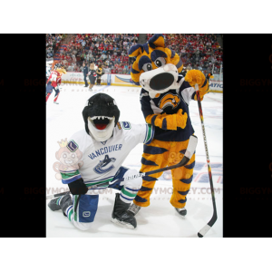 2 maskot BIGGYMONKEY™ en gul og blå tiger og en spekkhogger en svart hai - Tiger maskoter - BIGGYMONKEY_02366 - BiggyMonkey.com