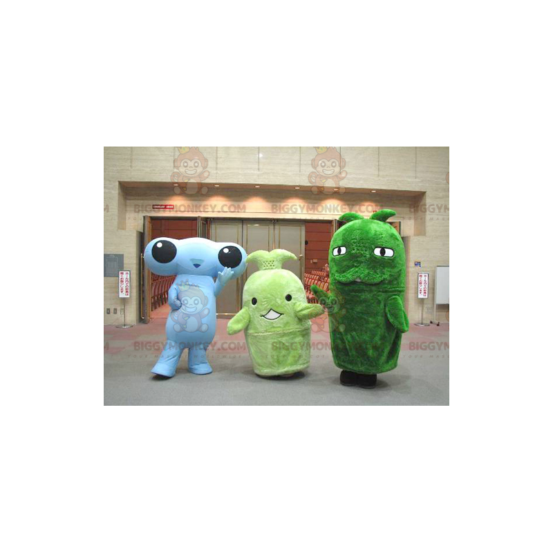 3 mascotte di BIGGYMONKEY™ un alieno blu e due mascotte di