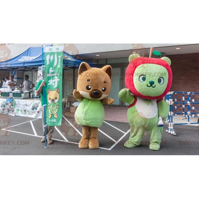 Duo de mascottes BIGGYMONKEY™ un renard marron et un ours vert Duo de mascottes BIGGYMONKEY™ un renard marron et un ours vert