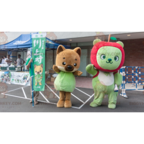 2 Maskot BIGGYMONKEY™ hnědá liška a zelený medvěd s jablkem –