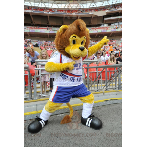 BIGGYMONKEY™ maskotkostume Brun og gul løve i sportstøj -