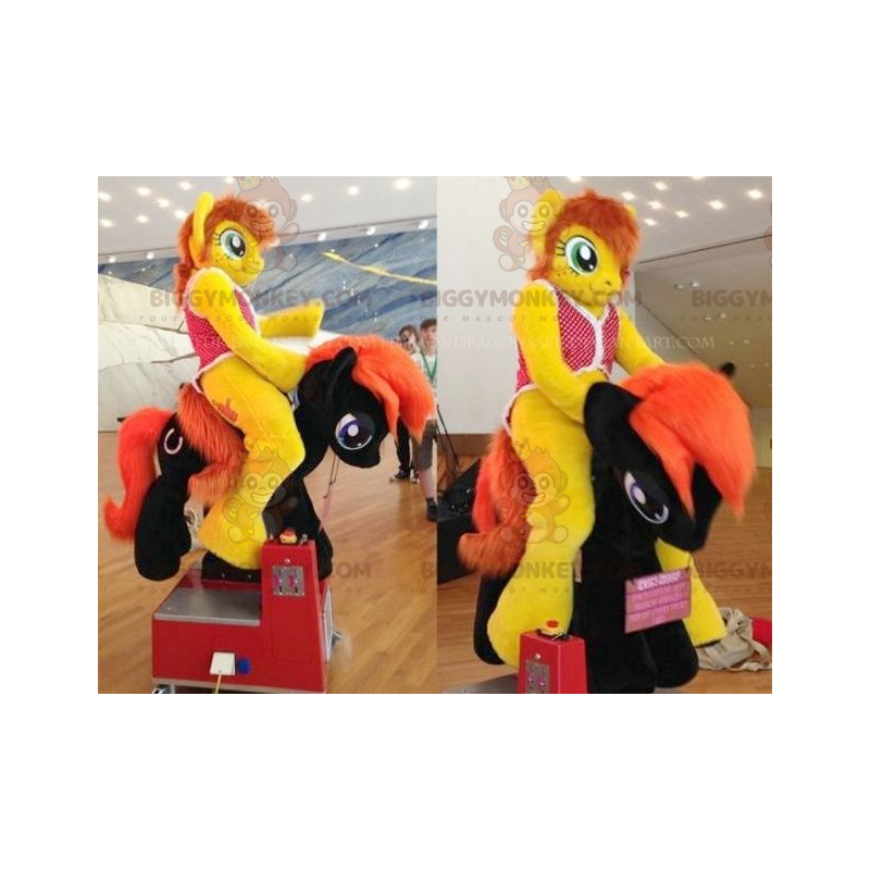 BIGGYMONKEY™ Maskottchen-Kostüm Gelbes und rotes Pony mit BIGGYMONKEY™ Maskottchen-Kostüm Gelbes und rotes Pony mit