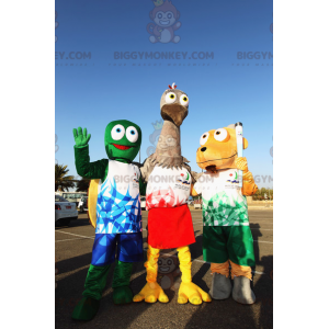 3 BIGGYMONKEY™s mascot a green turtle a gray ostrich and a dog