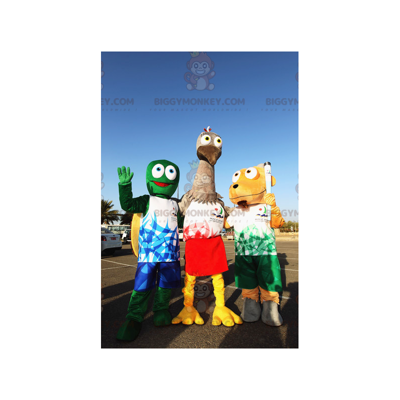 3 BIGGYMONKEY™s mascot a green turtle a gray ostrich and a dog