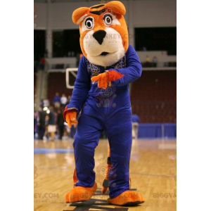 Oranje en witte tijger BIGGYMONKEY™ mascottekostuum in blauwe