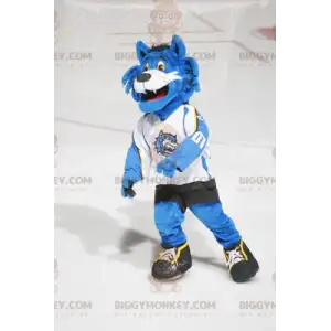 Blå och vit katt BIGGYMONKEY™ maskotdräkt i sportkläder -
