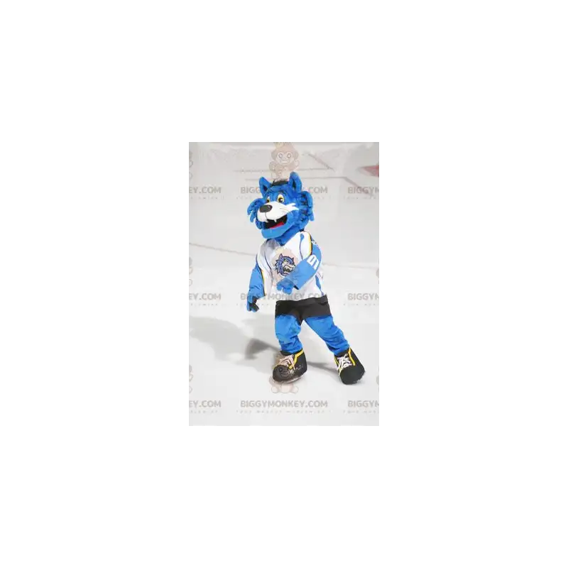 Blå och vit katt BIGGYMONKEY™ maskotdräkt i sportkläder - Blå och vit katt BIGGYMONKEY™ maskotdräkt i sportkläder -