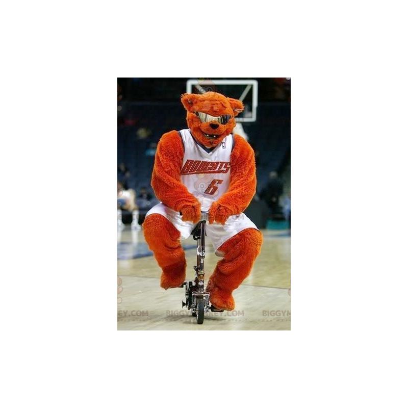 Orange Bear BIGGYMONKEY™ Mascot Costume With Glasses In Orange Bear BIGGYMONKEY™ Mascot Costume With Glasses In