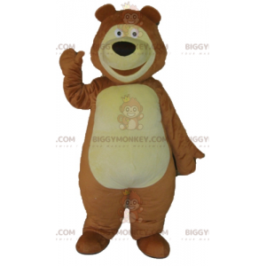 Traje de mascote de urso marrom e amarelo grande sorridente