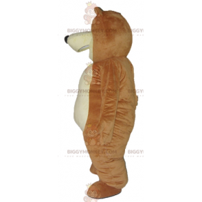 Traje de mascote de urso marrom e amarelo grande sorridente